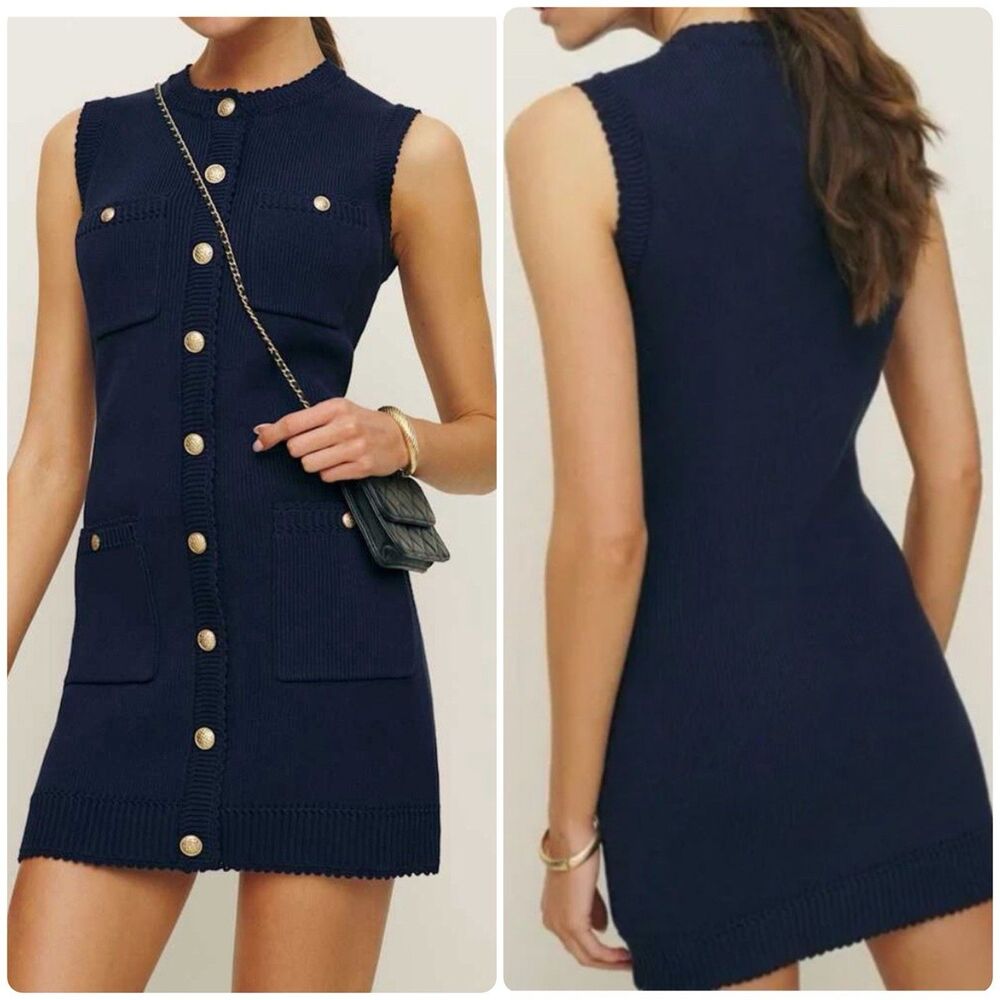 Reformation Catalina Navy Blue Gold Hardware Classy Cotton Mini Dress Womens M